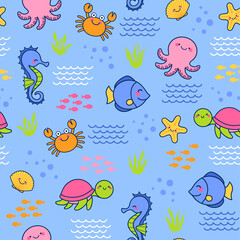 Cute marine life cartoon seamless pattern with wave and seaweed background.