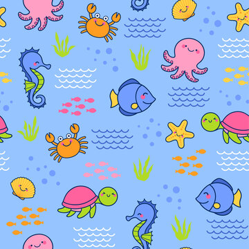 Cute marine life cartoon seamless pattern with wave and seaweed background.