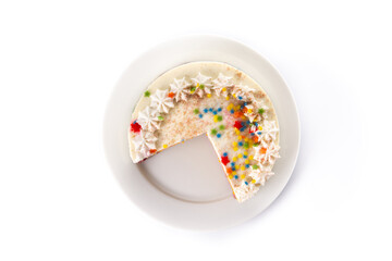 Rainbow layer cake isolated on white background. Top view