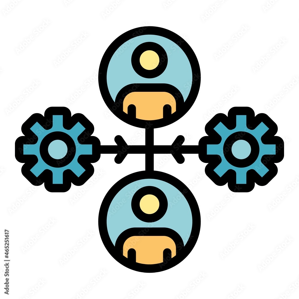 Poster gears and two admins icon. outline gears and two admins vector icon color flat isolated