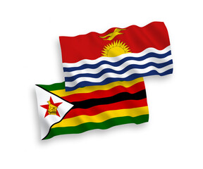 National vector fabric wave flags of Republic of Kiribati and Zimbabwe isolated on white background. 1 to 2 proportion.