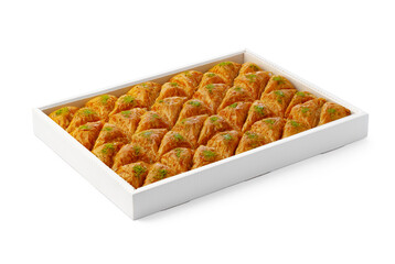 Turkish baklava dessert in a white box isolated on white.