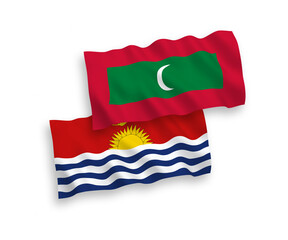 National vector fabric wave flags of Republic of Kiribati and Maldives isolated on white background. 1 to 2 proportion.
