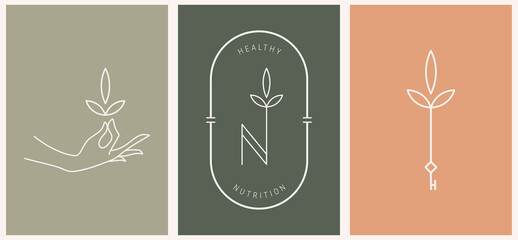 Vector nutrition design linear key and hand logos templates in trendy linear minimal style. Celestial and magical abstract.
