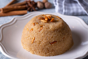 Traditional Turkish semolina sweet desert halva (Turkish name; irmik helvasi)