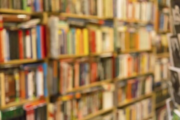 Bookshelf with full of second hand books in a local shop in Ayvalik, Turkey