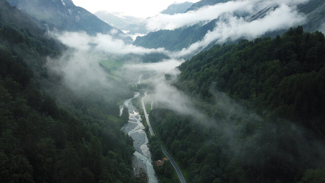 Aerial View Of River Flowing Through Forest