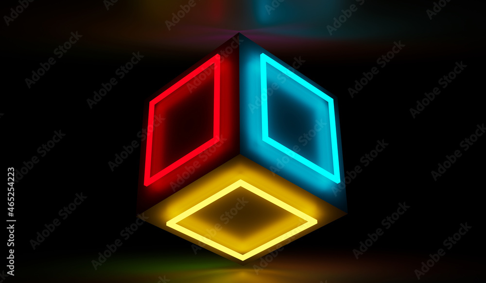 Poster 3d cube with neon light on black background. 3d rendering