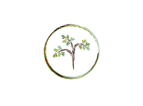 tree logo with circular frame outline, vector hand drawing