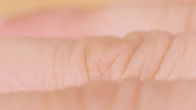 MACRO, DOF: Detailed close up shot of an unrecognizable fair skinned woman's fingers. Female fingers and knuckles viewed from up close. Wrinkly knuckles and delicate skin of a young woman's fingers.