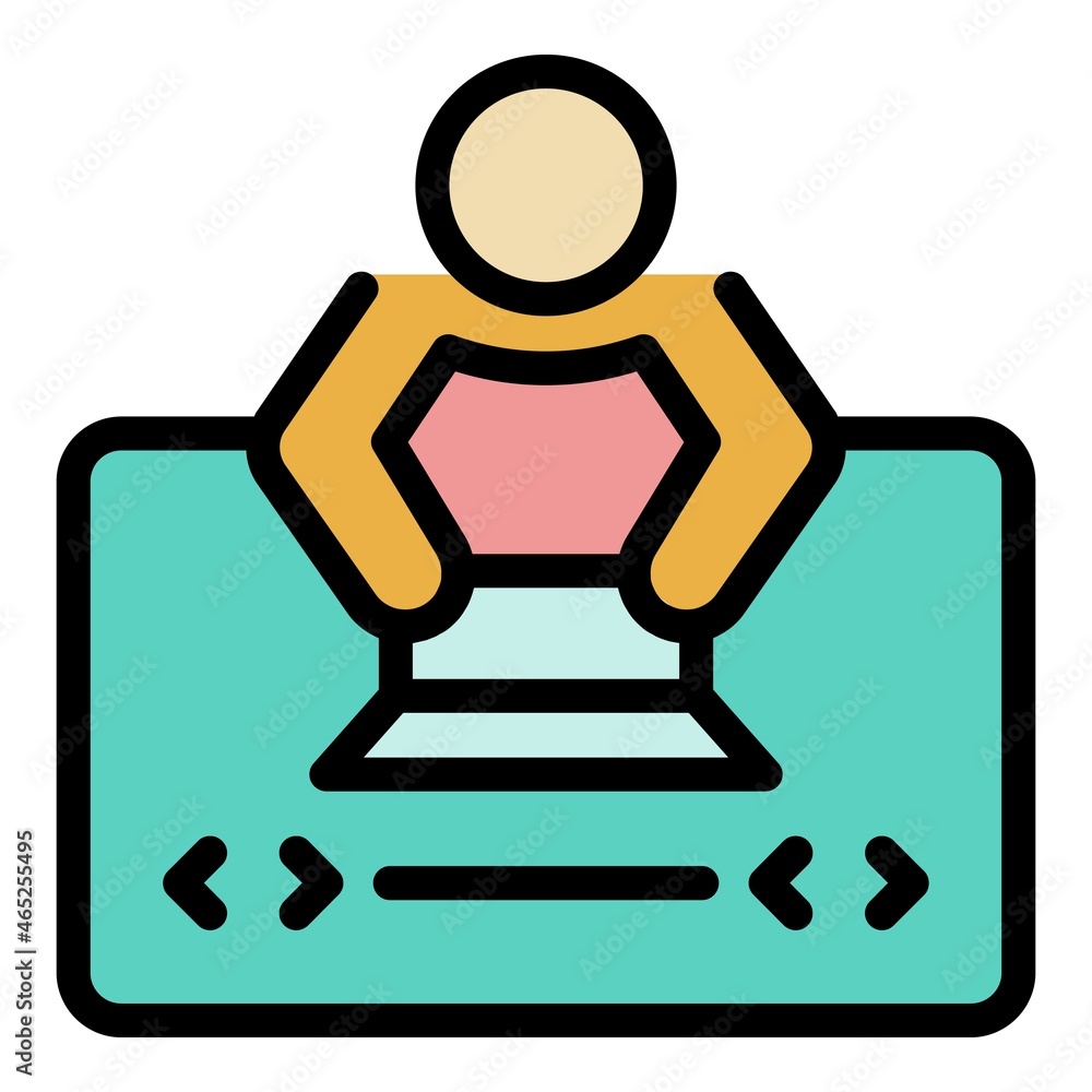 Poster developer in front of laptop icon. outline developer in front of laptop vector icon color flat isola