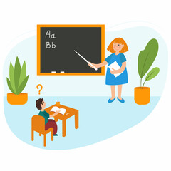 Teacher in the classroom near the blackboard with a pointer. Child with dyslexia disorder in school. School class with cartoon people characters. Vector illustration