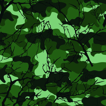 Hunting camouflage pattern with tree branches. Textile.