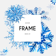 Winter frame with blue watercolor snowflakes on white background. Rectangle.
