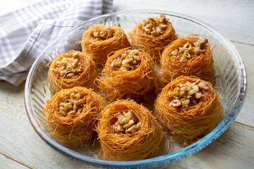 Traditional delicious Turkish food; walnut kadayif, Turkish name; kase kadayif