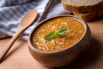 Traditional delicious Turkish soup; Turkish name; Tarhana or Ezogelin corbasi
