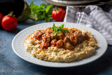 Turkish Food Hunkar Begendi made with Eggplant and Meat.