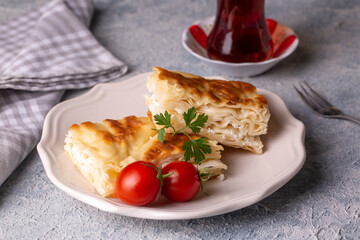 Delicious Turkish food; Tray pastry; (Turkish name; Su boregi)