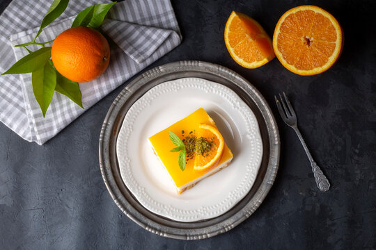 A delicious Turkish dessert; Etimek dessert with orange, orange cake, orange milk cake (Turkish name; Portakalli etimek tatlisi)