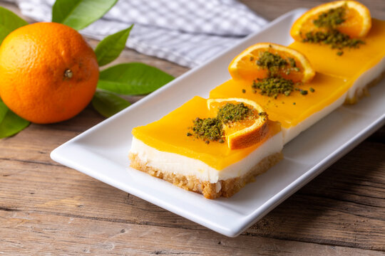 A delicious Turkish dessert; Etimek dessert with orange, orange cake, orange milk cake (Turkish name; Portakalli etimek tatlisi)