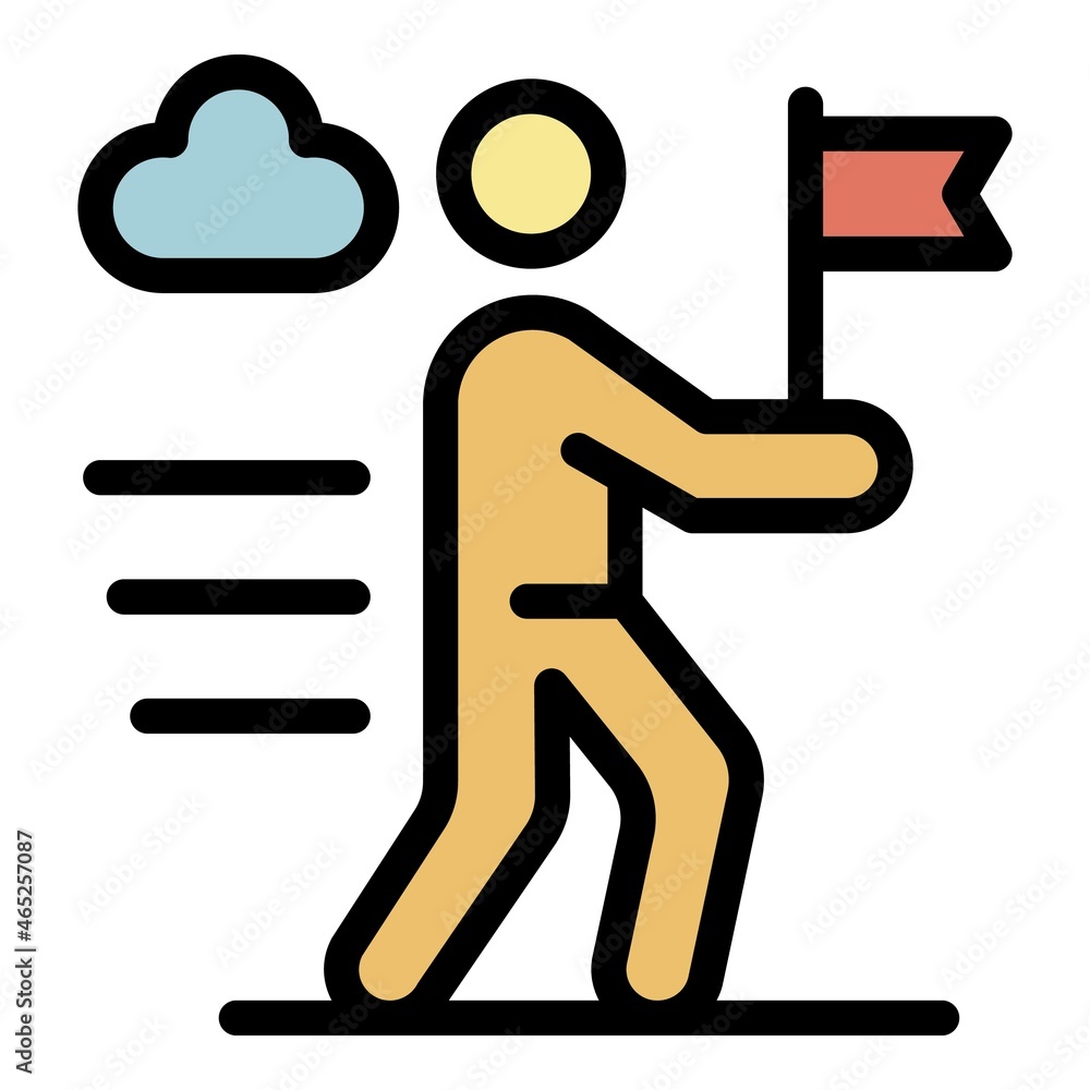 Poster man with a flag in his hand. icon. outline man with a flag in his hand. vector icon color flat isola