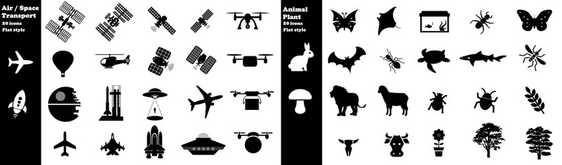 Transports aérien et spatial, animaux et plantes en 40 icônes, collection © Atlantis