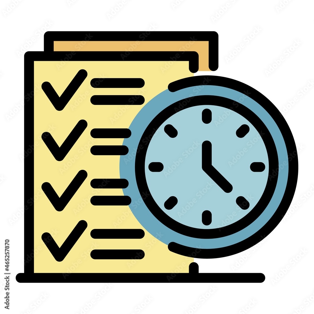 Poster list and clock icon. outline list and clock vector icon color flat isolated