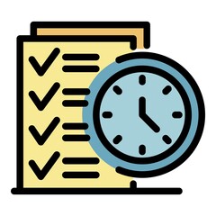 List and clock icon. Outline list and clock vector icon color flat isolated