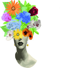 Vector illustration of a headshot of a woman with flowers and leaves in her hair. Transparent background.