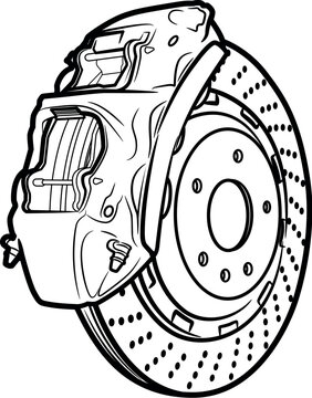 Car brake caliper isolated on white background.Illustration in ink hand drawn style.