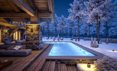 3d rendering of modern cozy chalet with pool and parking for sale or rent. Beautiful forest mountains on background. Massive timber beams columns. Cool winter night with stars in sky.