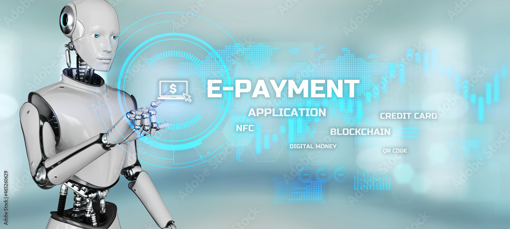 Aufkleber e-payment digital money internet banking. robot pressing button on screen 3d render.