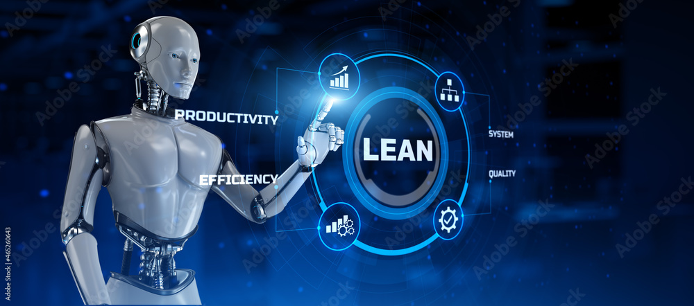 Aufkleber lean manufacturing development concept. robot pressing button on screen 3d render.
