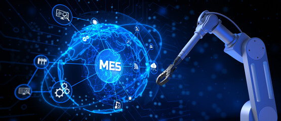 MES Manufacturing execution system. Business industrial technology concept. Cobot 3d render.