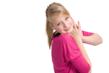 Young teenage girl smiling and looking at camera. Isolated on white.