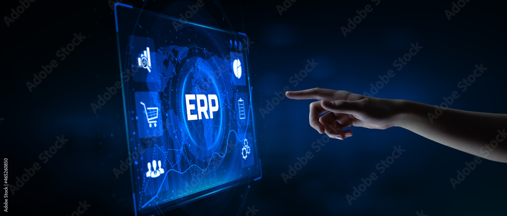 Aufkleber erp enterprise resources planning software system business process automation concept. hand pressing