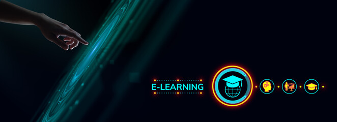 E-learning Online learning distance education concept. Hand pressing button on screen. - obrazy, fototapety, plakaty