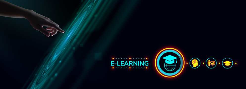 E-learning Online learning distance education concept. Hand pressing button on screen.