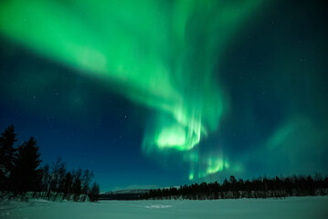 northern lights aurora borealis lapland night landscape - obrazy, fototapety, plakaty