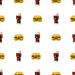 Pixel art fastfood set seamless pattern in style of eight-bit game. Texture for fabric, wrapping, wallpaper. Decorative print. Vector illustration
