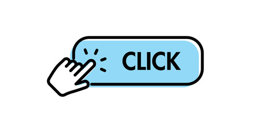 Click here button with hand pointer clicking. Web call to action with arrow pointer.