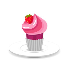 Cupcake with strawberry cream on a white plate