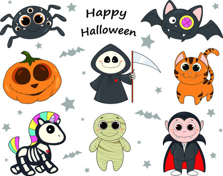 Clip art of cartoon Halloween characters. Black spider, pumpkin jack, unicorn skeleton, mummy, death with a scythe, vampire dracula, red witch cat, bat. Vector of the Day of the dead. Isolated drawing