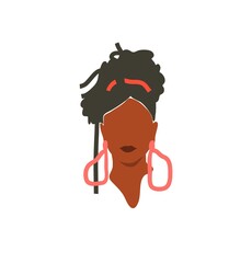 Hand drawn vector abstract flat graphic contemporary aesthetic fashion illustration with bohemian,modern african american female portrait in simple trendy minimal style isolated on pastel background.