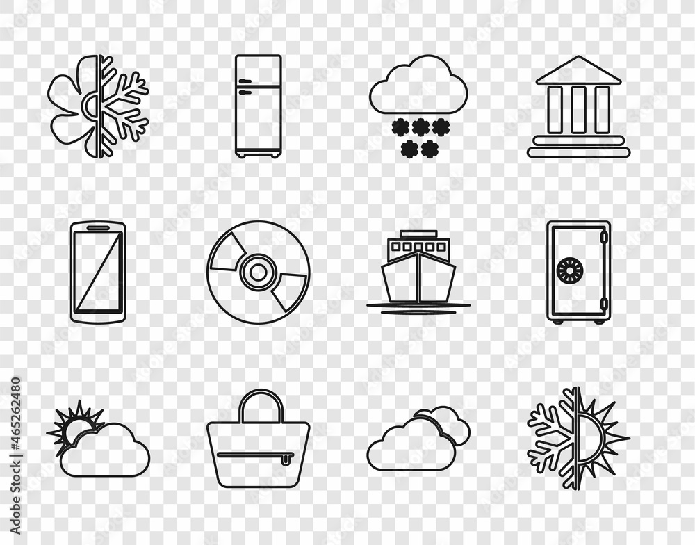 Sticker Set line Sun and cloud weather, snowflake, Cloud with, Handbag, Air conditioner, CD or DVD disk, and Safe icon. Vector