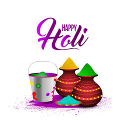 Happy holi celebration background with colorful color bowl and color mud