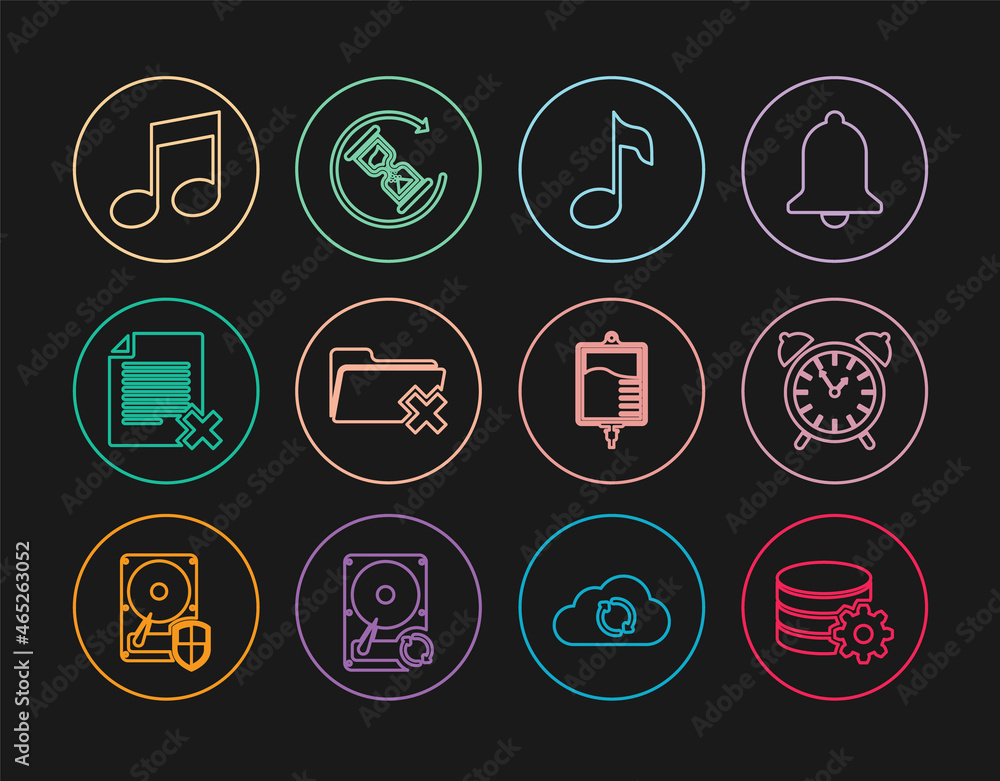 Poster set line setting database server, alarm clock, music note, tone, delete folder, file document, iv ba