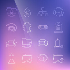 Set line FTP settings folder, Burning candle candlestick, Tombstone with RIP written, Hierarchy organogram chart, Headphones microphone, Electric car, upload and Cars icon. Vector