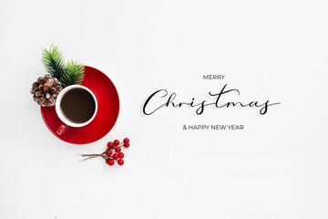 Christmas greeting message with red coffee cup © Daniel