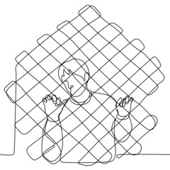man stands behind a wire grate with his fingers clinging to it and his head tilted - one line drawing. concept man behind bars or wire wall sad